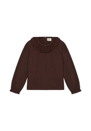 Bruin shirt met lange mouwen, gerimpelde en gegolfde halslijn en elastische manchetten, ontworpen voor kinderen.