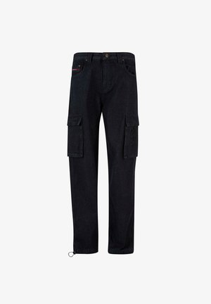 Zwarte cargobroek van denim, met twee grote zijvakken, een knoopsluiting en een verstelbare koord aan de zoom.