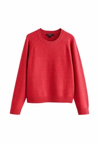 Czerwony, dzianinowy sweter z okrągłym dekoltem, długimi rękawami raglanowymi i ściągaczem u dołu. Materiał wydaje się miękki z delikatnie teksturowanym wykończeniem.