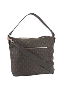 Mörkgrå axelväska tillverkad av slitstarkt tyg, med ett blommönster, ett blixtlås på toppen och en justerbar rem med metallackenter.