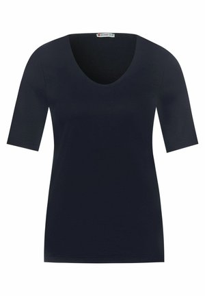 Marineblaues Kurzarm-T-Shirt mit rundem Ausschnitt, aus weichem, glattem Stoff, mit regular Fit und minimalen Nähdetails.