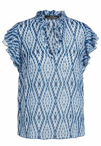 Blouse à motifs bleus en tissu léger, avec des manches à volants, un décolleté en V et des motifs en diamants complexes dans différentes nuances de bleu.