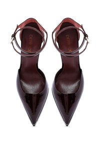 Black patent leather high-heeled shoes with a pointed toe and narrow ankle strap. Smooth finish with a rounded cutout at the instep.