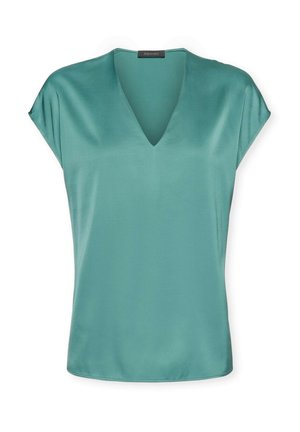 Blaugrüne kurzärmelige Bluse mit V-Ausschnitt und glattem, satinähnlichem Stoff, präsentiert vor weißem Hintergrund.