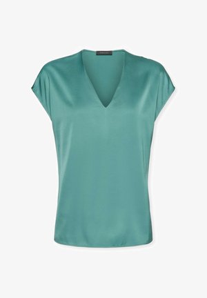 Blaugrüne kurzärmelige Bluse mit V-Ausschnitt und glattem, satinähnlichem Stoff, präsentiert vor weißem Hintergrund.