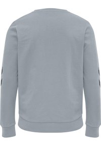 Sudadera gris claro con cuello redondo, mangas largas y puños acanalados. Presenta detalles en negro en las mangas. Textura de tela suave.