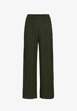 Pantalons larges plissés en tissu vert profond avec une taille élastique et une finition texturée, présentant des rayures verticales sur toute la surface.