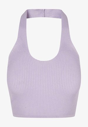 Lavendelribbet crop top med halterneck-design. Har vertikal tekstur og en tettsittende silhuett. Laget av mykt, elastisk stoff.