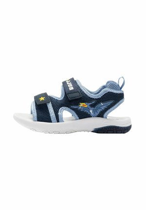 Sandalo per bambini blu navy e azzurro chiaro con fasce in velcro, suola bianca e grafica di un uccello sul lato, progettato per comfort e traspirabilità.