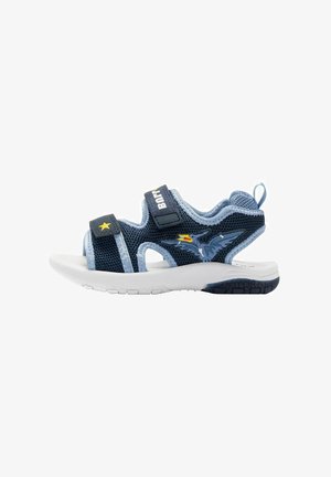 Sandalo per bambini blu navy e azzurro chiaro con fasce in velcro, suola bianca e grafica di un uccello sul lato, progettato per comfort e traspirabilità.