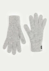 Graue gestrickte Handschuhe mit einem gerippten Bündchen, ausgestattet mit fünf Fingern und einem kleinen Markenetikett im Handgelenksbereich. Weiche Textur, einfaches Design.