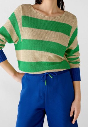 Donna che indossa un maglione a righe beige e verde abbinato a pantaloni blu brillanti con coulisse in vita, in piedi con una mano sul fianco.