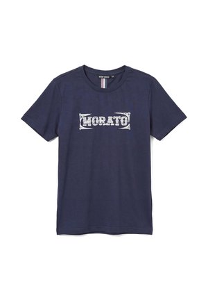 T-shirt bleu marine à manches courtes avec col rond, logo texte blanc « MORATO » encadré sur la poitrine.