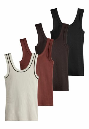 Fünf ärmellose, gerippte Tanktops in Creme, Rost, Dunkelbraun und Schwarz, überlappend in Fächerform auf weißem Hintergrund angeordnet.