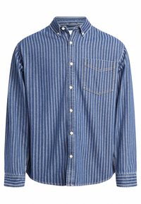 Blue striped button-up shirt with a collar, chest pocket, and white button closure. Features vertical stripes and a relaxed fit.