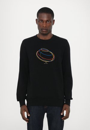 Schwarz sweatshirt mit buntem, rundem Stickmuster auf der Vorderseite. Hergestellt aus einem weichen Stoff mit langen Ärmeln und einem runden Halsausschnitt.