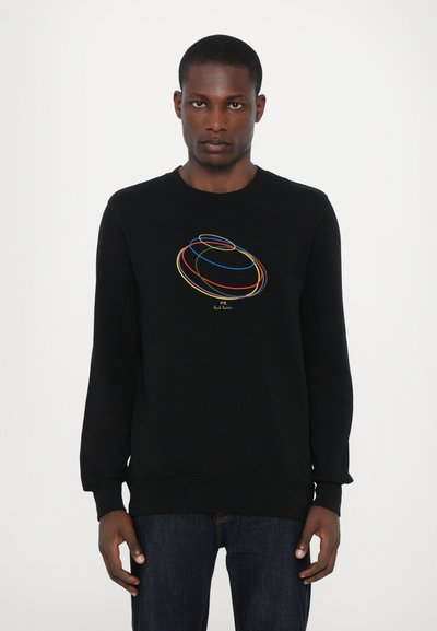 Felpa nera con colorate ricami circolari sul davanti. Realizzata in un morbido tessuto, presenta maniche lunghe e un collo rotondo.