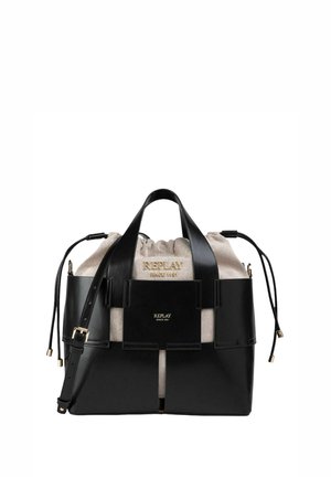 Sac à main Replay noir et beige avec fermeture à cordon, double poignée supérieure, bandoulière réglable et accents de marque en ton or.