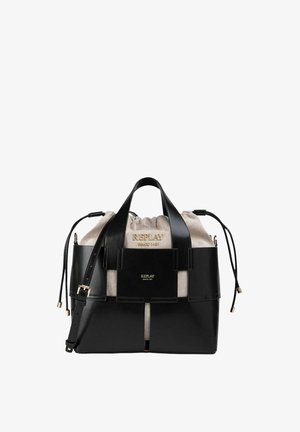 Sac à main Replay noir et beige avec fermeture à cordon, double poignée supérieure, bandoulière réglable et accents de marque en ton or.