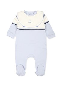 Combinison de bébé bleu clair avec un large col écru, des rayures navy et un graphique d'ours. Tissu doux avec une conception à pieds et une fermeture à pression.