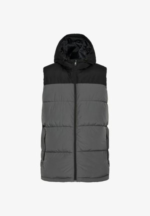 Polstret vest med hette, med en sort øverste del og grå nederste del. Glidelåslukking foran og sidelommer. Myk, glatt tekstur.