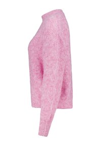 Pink sweater made of a soft, textured knit. Features a high neck, ribbed cuffs, and a relaxed fit. Slightly cropped length, no patterns.