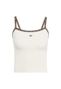 White tank top with leopard-print straps. Features a fitted design and a small black logo on the front center. Smooth texture, casual style.