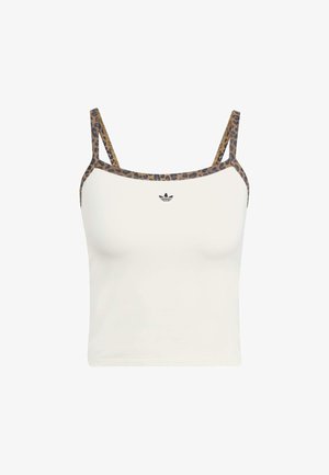 Top de tirantes blanco con estampado de leopardo. Presenta un diseño ajustado y un pequeño logo negro en el centro delantero. Textura suave, estilo casual.
