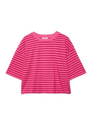 Majica za djecu s kratkim rukavima, širokog kroja, s vodoravnim tamnoružičastim i svijetloružičastim prugama te okruglim izrezom na bijeloj pozadini.