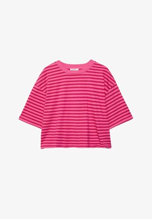 Majica za djecu s kratkim rukavima, širokog kroja, s vodoravnim tamnoružičastim i svijetloružičastim prugama te okruglim izrezom na bijeloj pozadini.