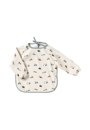 Kinder-Lätzchen mit langen Ärmeln, Motiv von Baumaschinen, elastische Bündchen und Halsband, beige mit grauer Umrandung.