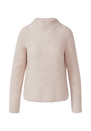 Pull en maille rose clair à manches longues avec un motif de vagues texturé et de subtils accents pailletés, doté d'un col rond haut.
