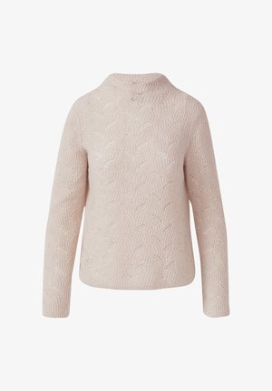 Šviesiai rožinė ilgomis rankovėmis megztinis su tekstūruotu bangų raštu ir subtiliais blizgučiais, turintis aukštą apvalų iškirpimą.