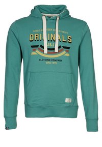 Felpa con cappuccio turchese con tasca frontale, cappuccio con coulisse e logo stampato. Presenta polsini e orlo a costine, realizzata in tessuto morbido.