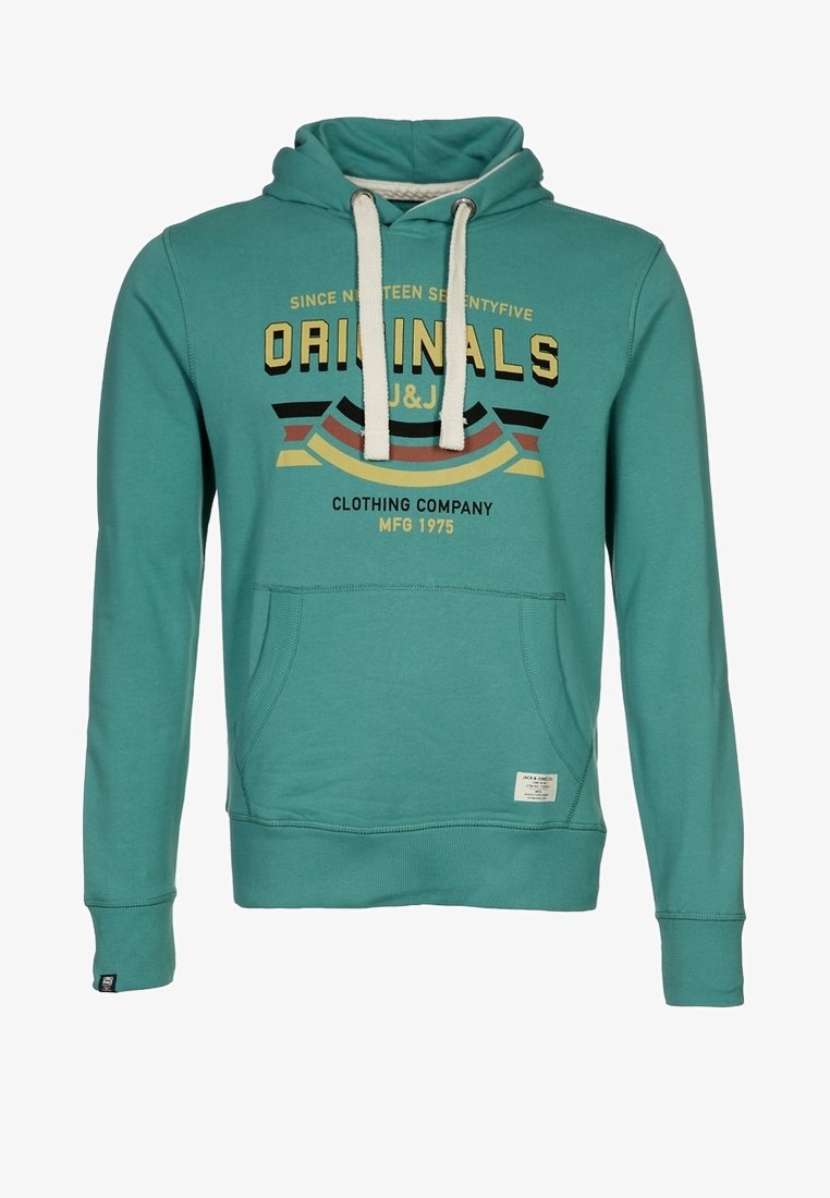 Felpa con cappuccio turchese con tasca frontale, cappuccio con coulisse e logo stampato. Presenta polsini e orlo a costine, realizzata in tessuto morbido.