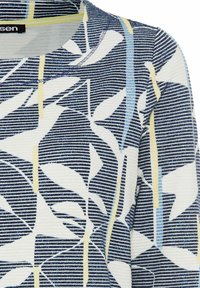 Langärmliges Oberteil aus strukturiertem Stoff mit einem blauen, marineblauen und weißen Blättermuster, akzentuiert durch gelbe und blaue vertikale Streifen.