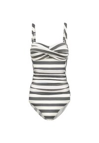 Maillot de bain une pièce à rayures noires et blanches avec des bretelles ajustables, un design à l'avant torsadé et des côtés froncés pour une apparence texturée.
