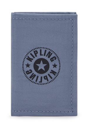 Folded wallet in soft blue fabric featuring a circular black logo with a star, surrounded by dotted detailing. Stitching along the edges.