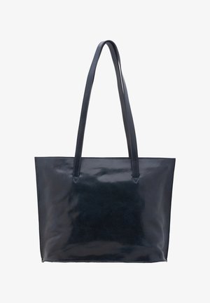 Sac fourre-tout en cuir noir avec de longues paires de bretelles et une finition lisse, présenté sur un fond blanc.