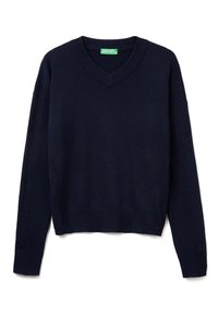 Suéter azul marino de cuello en V, confeccionado en tela suave, con puños y dobladillo acanalados, y detalle de costura diagonal en las mangas.