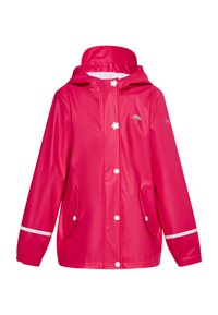 Rožinė nepralaidi vandeniui striukė su kapišonu, su baltomis detalėmis, užsegimais ant spaudžių ir dviem priekinėmis kišenėmis. Lygi, blizganti tekstūra.