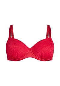 Czerwony koronowy biustonosz z gładką, satynową opaską, fiszbinami i regulowanymi ramiączkami. Posiada falbankowe krawędzie wzdłuż dekoltu.