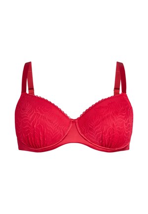 Punane pitsist rinnahoidja, millel on siledast satiinist rihm, allapoole suunatud tugiraam ja reguleeritavad rihmad. Kaeluses on siksakilised servad.