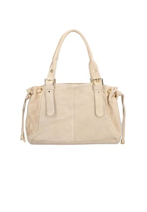 Beige suède handtas met dubbele handvatten, goudkleurige accenten, trekkoorddetails aan de zijkanten en een gestructureerde vorm. Glad textuur met stiksels.
