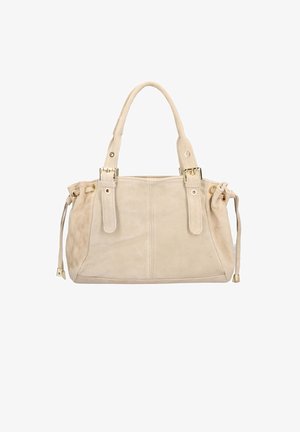 Beige suède handtas met dubbele handvatten, goudkleurige accenten, trekkoorddetails aan de zijkanten en een gestructureerde vorm. Glad textuur met stiksels.
