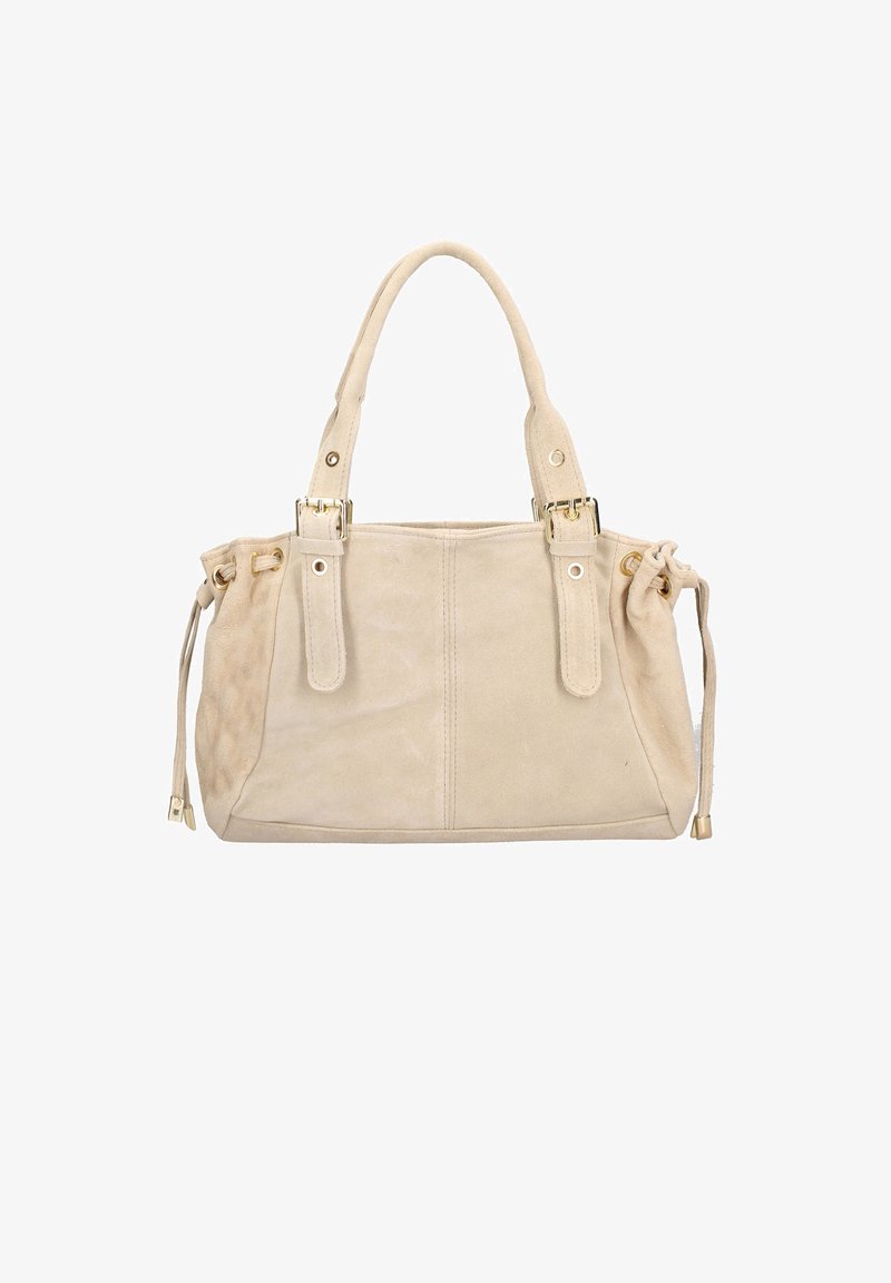 Sac à main en suede beige avec doubles poignées, quincaillerie dorée, détails latéraux à cordon et une forme structurée. Texture lisse avec des accents de couture.