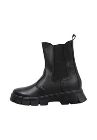Bottes de cheville en cuir noir avec des panneaux élastiques latéraux, bout rond et semelle en caoutchouc épaisse. Équipées d'une languette à l'arrière pour un enfilage facile.