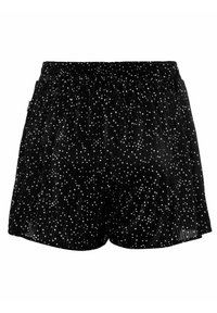 Shorts noirs à motif de petits carrés blancs éparpillés et ceinture élastique, fabriqués en tissu plissé.