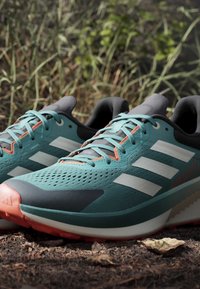 Paar türkis- und korallenfarbene Laufschuhe mit weißen Streifen, die auf Erde und Blättern im Freien mit Gras im Hintergrund ruhen.