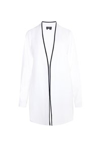 Cardigan lung alb cu margine neagră, design deschis în față, mâneci lungi și textură netedă. Potrivit pentru îmbrăcăminte casuală.